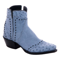 Ladies Denim Smooth Ostrich Full Quill Ostrich Heel Fox, Wing Tip, and Collar Full Black Buckstitch Short Boot