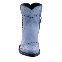 Ladies Denim Smooth Ostrich Full Quill Ostrich Heel Fox, Wing Tip, and Collar Full Black Buckstitch Short Boot