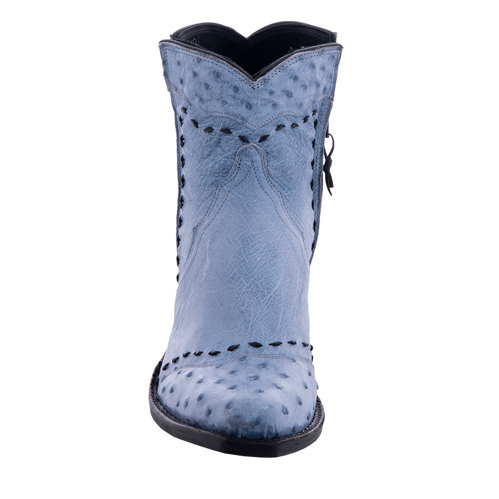 Ladies Denim Smooth Ostrich Full Quill Ostrich Heel Fox, Wing Tip, and Collar Full Black Buckstitch Short Boot
