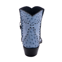 Ladies Denim Smooth Ostrich Full Quill Ostrich Heel Fox, Wing Tip, and Collar Full Black Buckstitch Short Boot