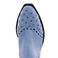 Ladies Denim Smooth Ostrich Full Quill Ostrich Heel Fox, Wing Tip, and Collar Full Black Buckstitch Short Boot