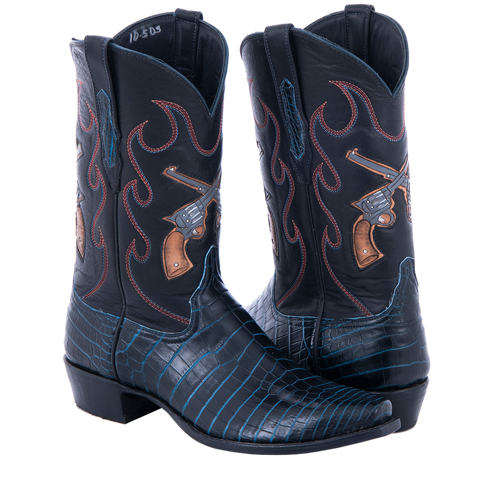 Men's Navy Crocodile and Crossed Pistol Cowboy Boots