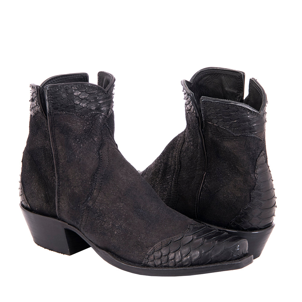 Ladies' Shorty Black Break Goat with Black Python Wingtip, Heel Fox & Collar