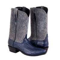 Men's Navy Teju Lizard and Grey Break Goat Winn Stitch Cowboy Boot