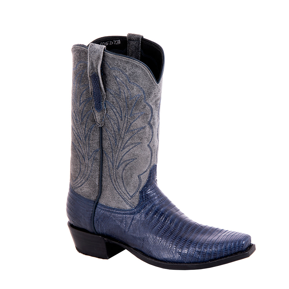 Men's Navy Teju Lizard and Grey Break Goat Winn Stitch Cowboy Boot