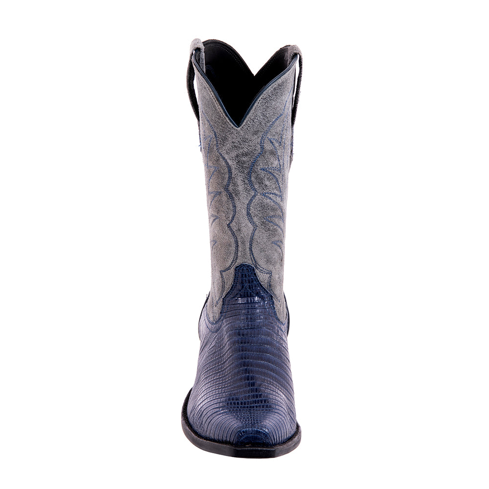 Men's Navy Teju Lizard and Grey Break Goat Winn Stitch Cowboy Boot