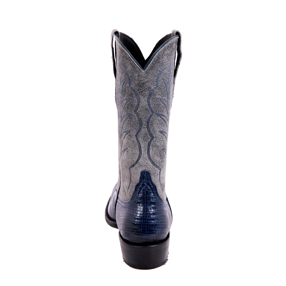 Men's Navy Teju Lizard and Grey Break Goat Winn Stitch Cowboy Boot