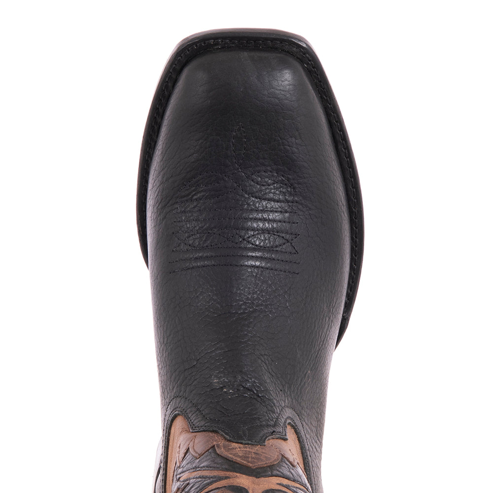 Men's Cowboy 12-2 Black Bison/Canella Goat Fern Inlay Toe Bug Spur Lip and Heavy Sole