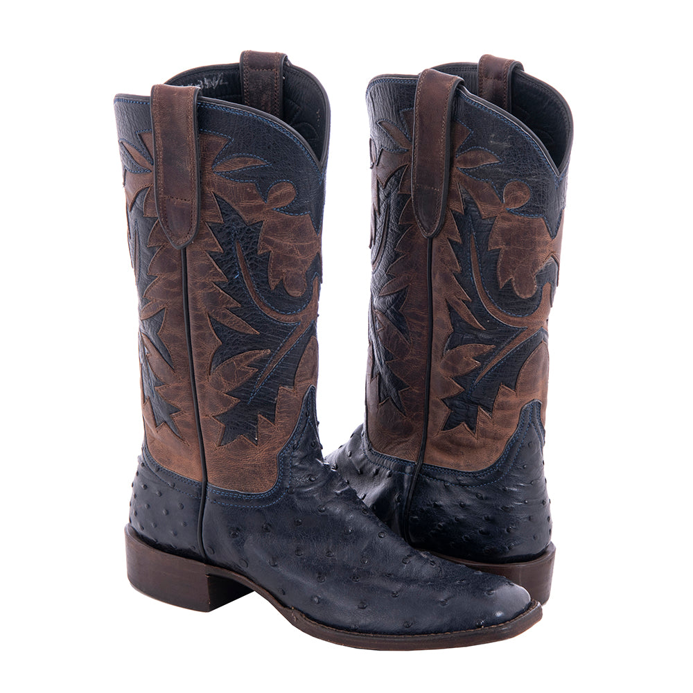 Ladies' Navy Full Quill Ostrich and Canella Goat with Fern Inlay Square Toe Cowboy Boot