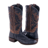 Ladies' Navy Full Quill Ostrich and Canella Goat with Fern Inlay Square Toe Cowboy Boot