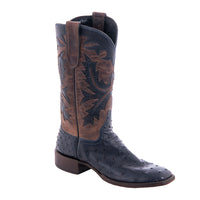 Ladies' Navy Full Quill Ostrich and Canella Goat with Fern Inlay Square Toe Cowboy Boot