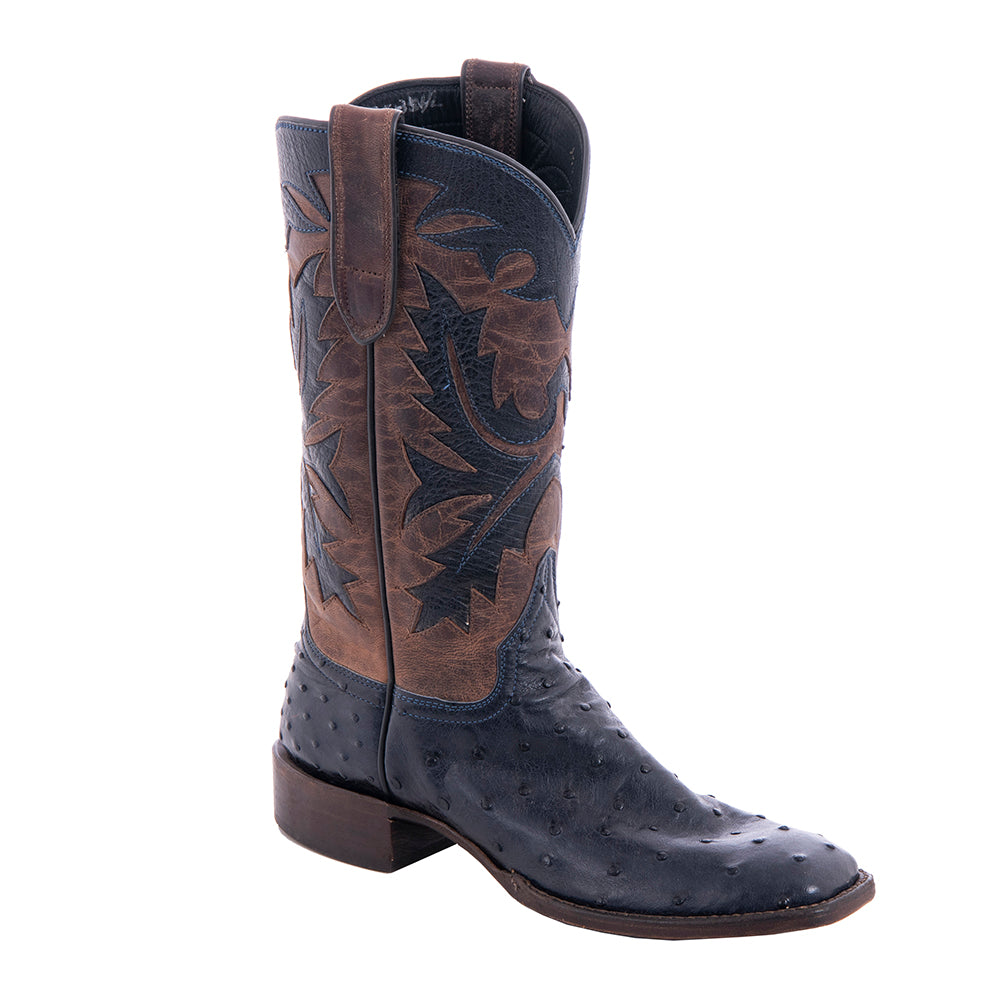 Ladies' Navy Full Quill Ostrich and Canella Goat with Fern Inlay Square Toe Cowboy Boot