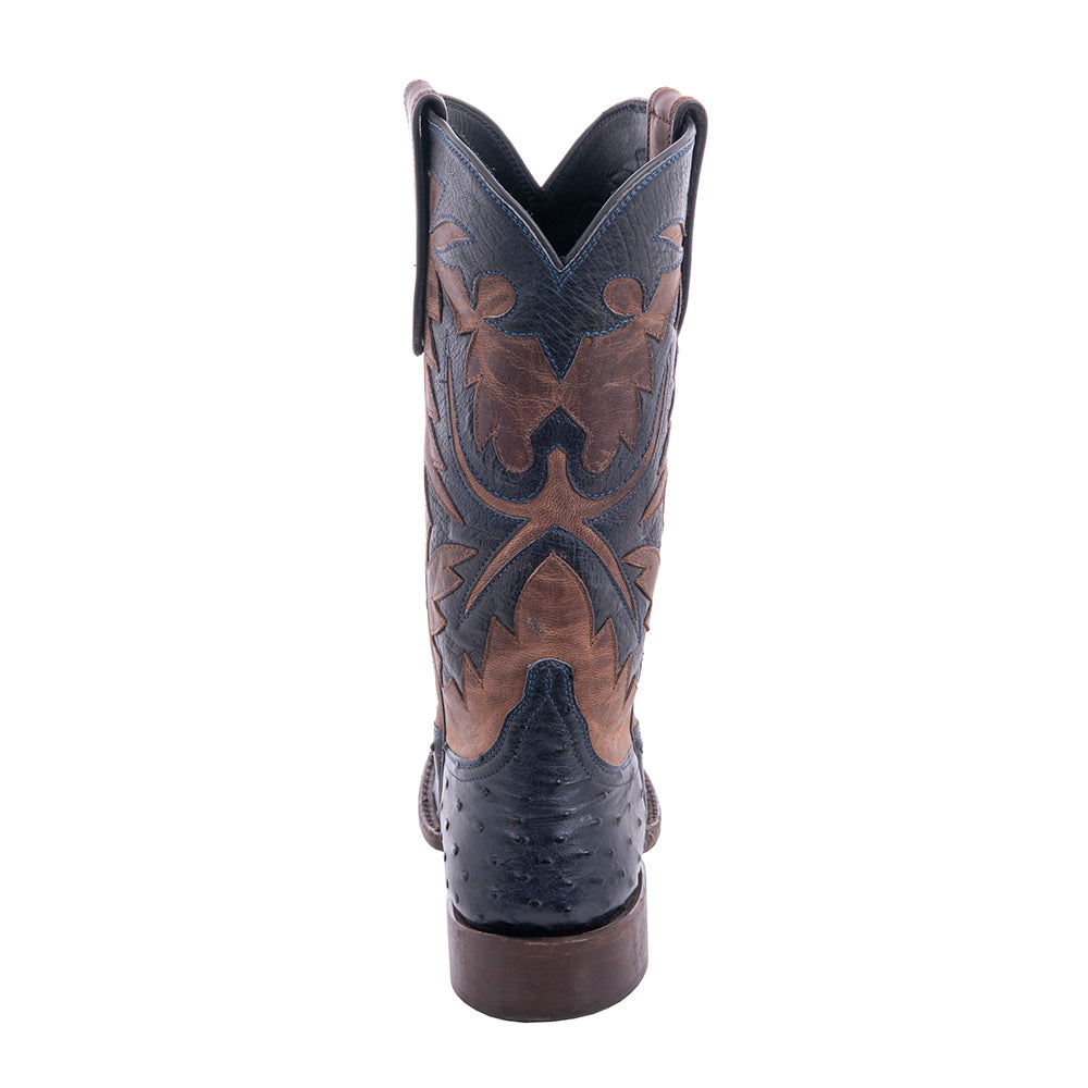 Ladies' Navy Full Quill Ostrich and Canella Goat with Fern Inlay Square Toe Cowboy Boot