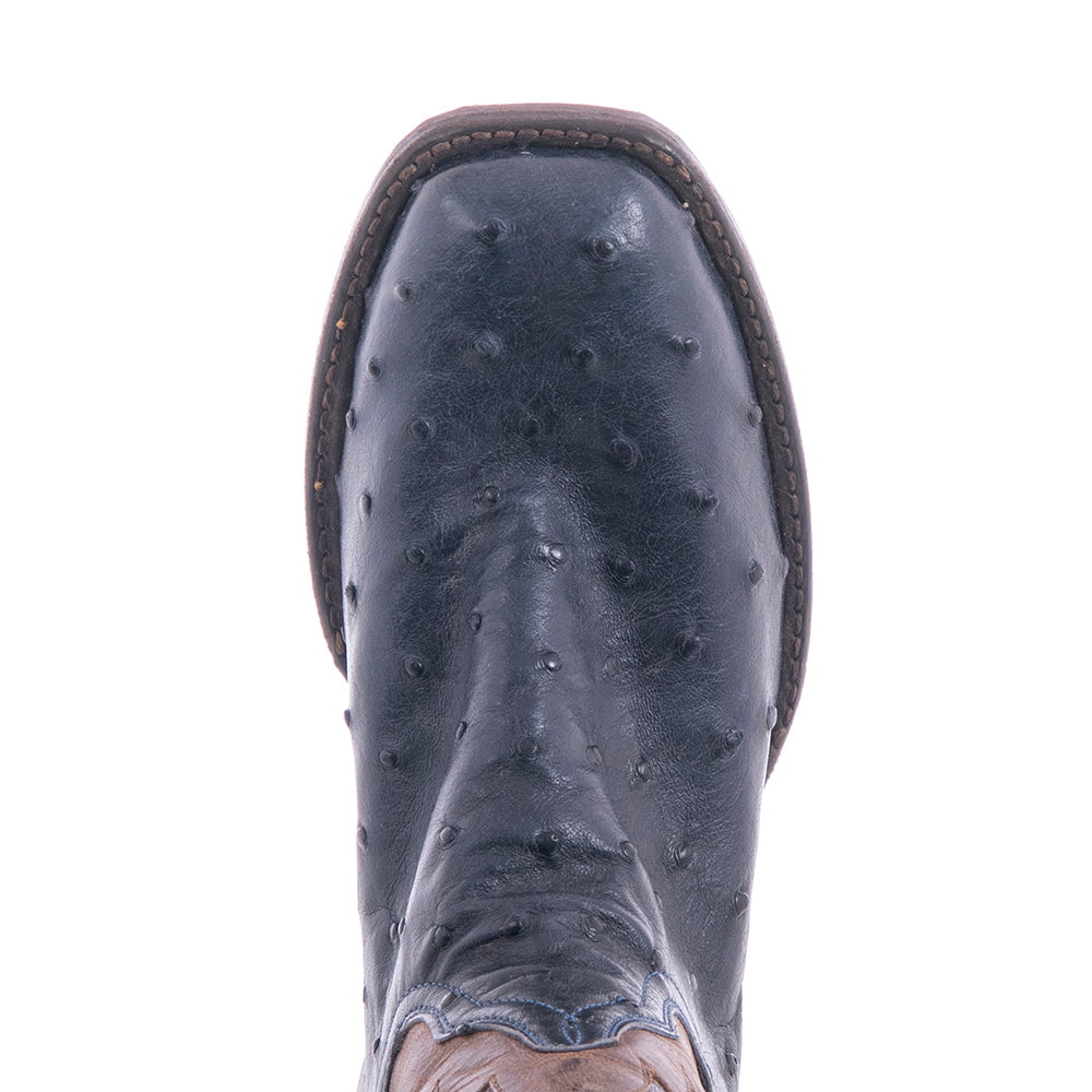 Ladies' Navy Full Quill Ostrich and Canella Goat with Fern Inlay Square Toe Cowboy Boot