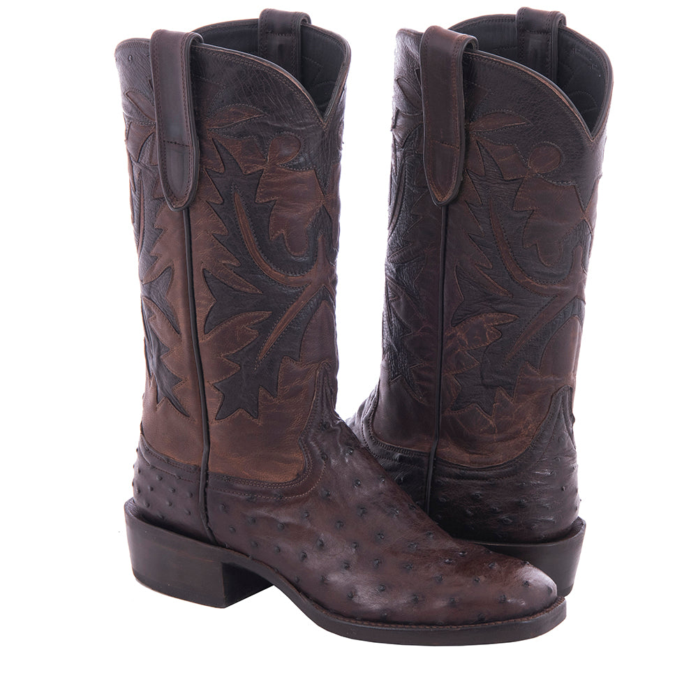 Ladies' Nicotine Full Quill Ostrich and Canella Goat Fern Inlay Cowboy Boot with Spur Lip