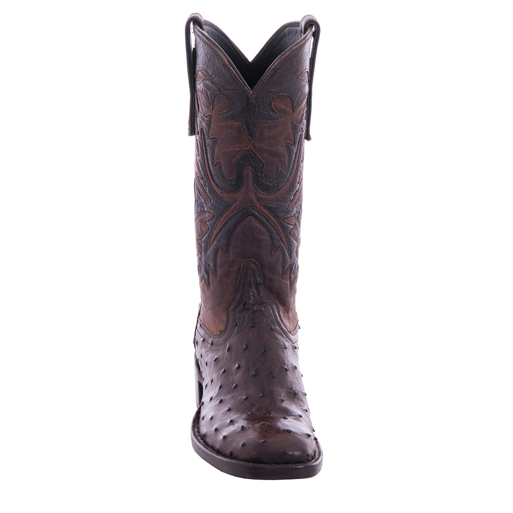 Ladies' Nicotine Full Quill Ostrich and Canella Goat Fern Inlay Cowboy Boot with Spur Lip