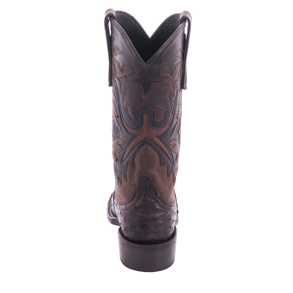 Ladies' Nicotine Full Quill Ostrich and Canella Goat Fern Inlay Cowboy Boot with Spur Lip