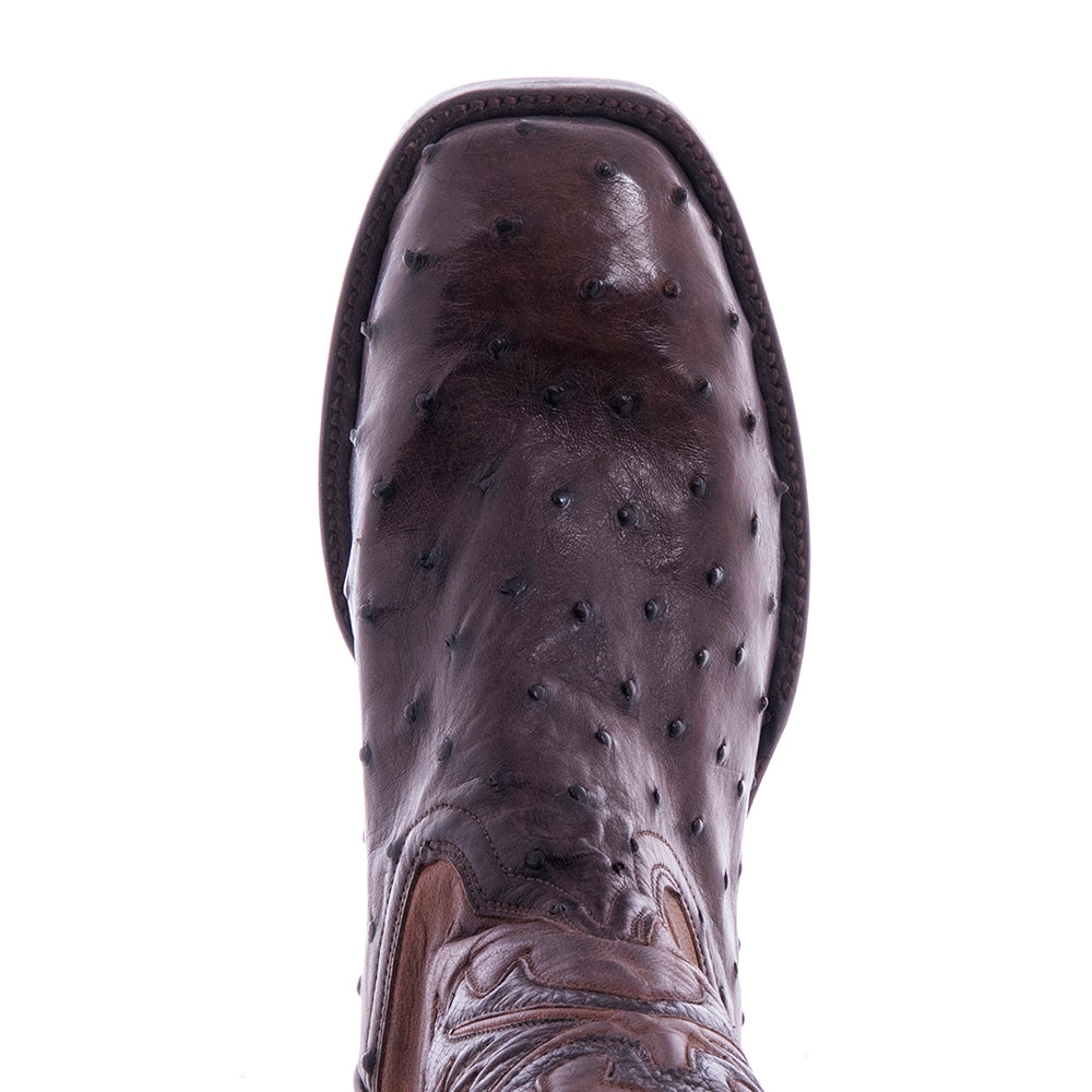 Ladies' Nicotine Full Quill Ostrich and Canella Goat Fern Inlay Cowboy Boot with Spur Lip
