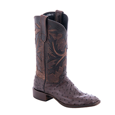 Ladies' Nicotine Full Quill Ostrich and Canella Goat Fern Inlay Cowboy Boot with Spur Lip