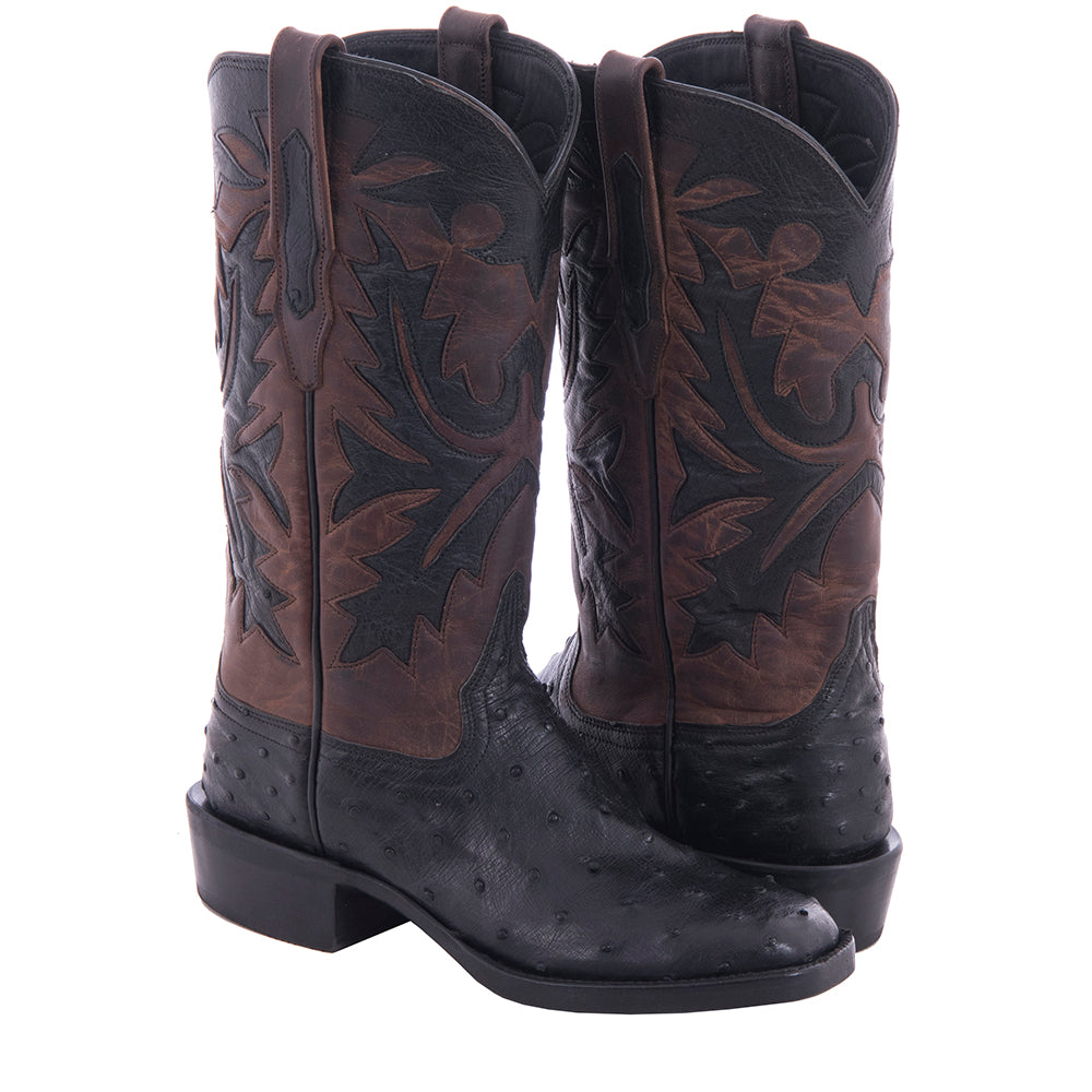 Ladies 12" Black Full Quill Ostrich and Canella Goat Fern Inlay Cowboy Boot