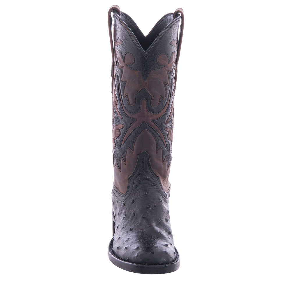 Ladies 12" Black Full Quill Ostrich and Canella Goat Fern Inlay Cowboy Boot