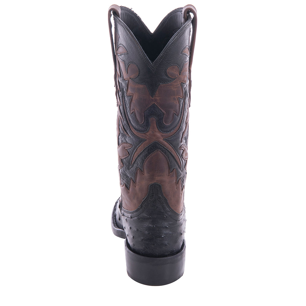 Ladies 12" Black Full Quill Ostrich and Canella Goat Fern Inlay Cowboy Boot