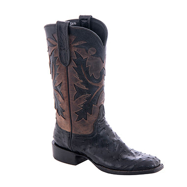 Ladies 12" Black Full Quill Ostrich and Canella Goat Fern Inlay Cowboy Boot