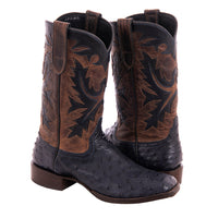 Men's Navy Full Quill Ostrich and Canella Goat Fern Inlay Cowboy Boot with Spur Lip