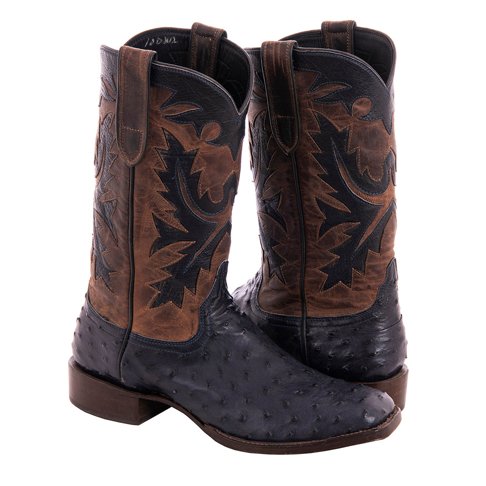 Men's Navy Full Quill Ostrich and Canella Goat Fern Inlay Cowboy Boot with Spur Lip