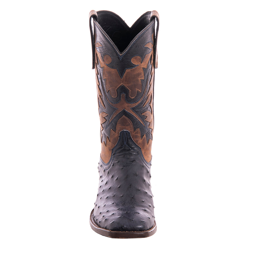 Men's Navy Full Quill Ostrich and Canella Goat Fern Inlay Cowboy Boot with Spur Lip
