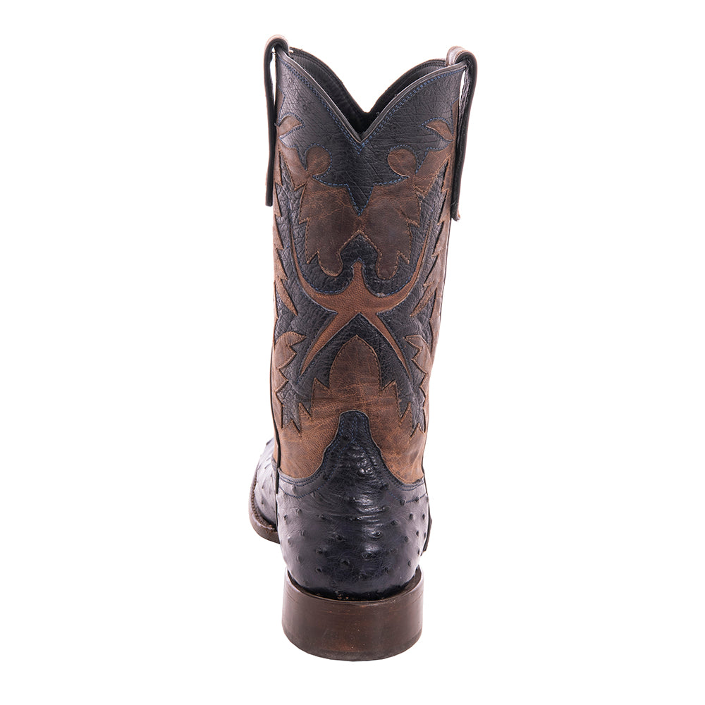Men's Navy Full Quill Ostrich and Canella Goat Fern Inlay Cowboy Boot with Spur Lip