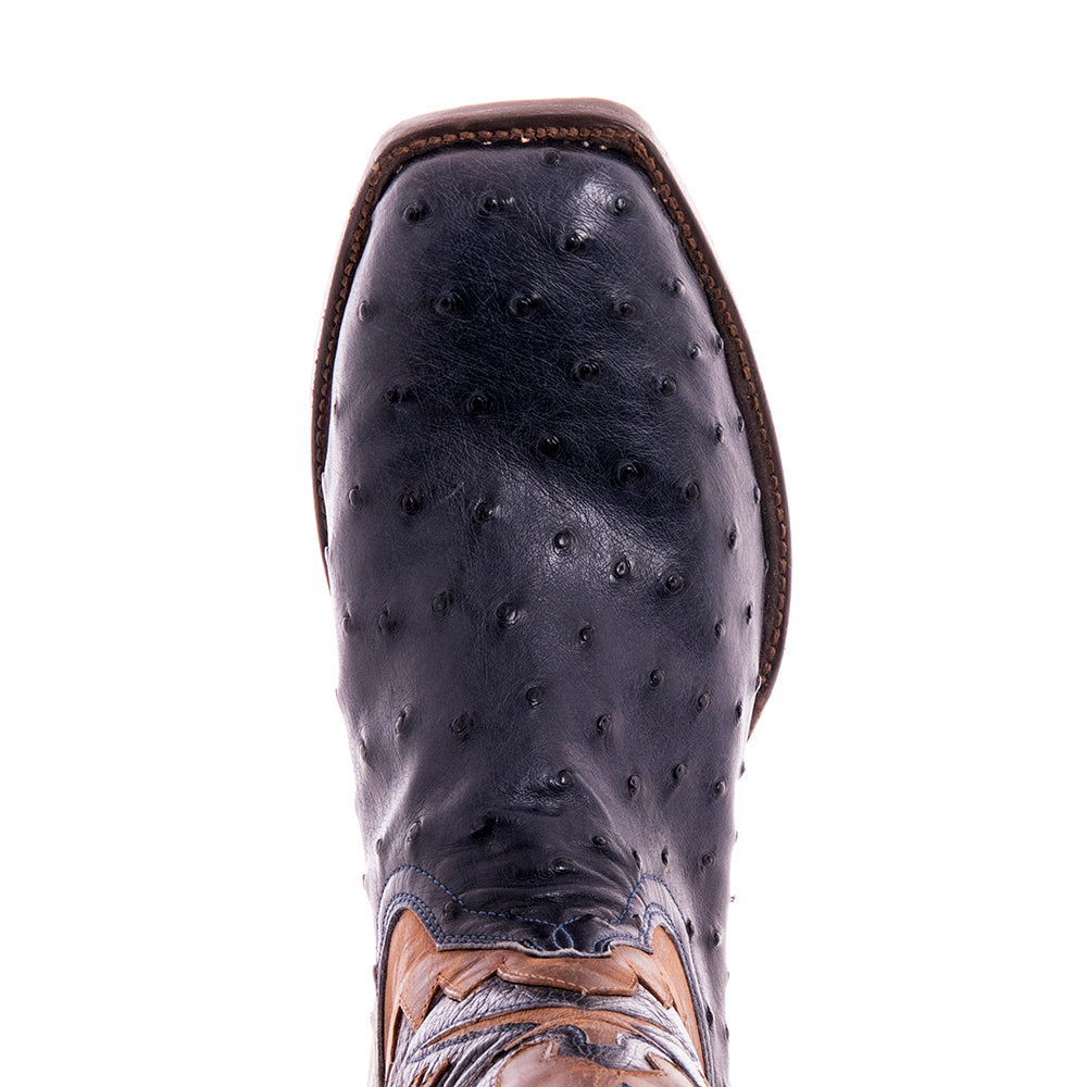 Men's Navy Full Quill Ostrich and Canella Goat Fern Inlay Cowboy Boot with Spur Lip