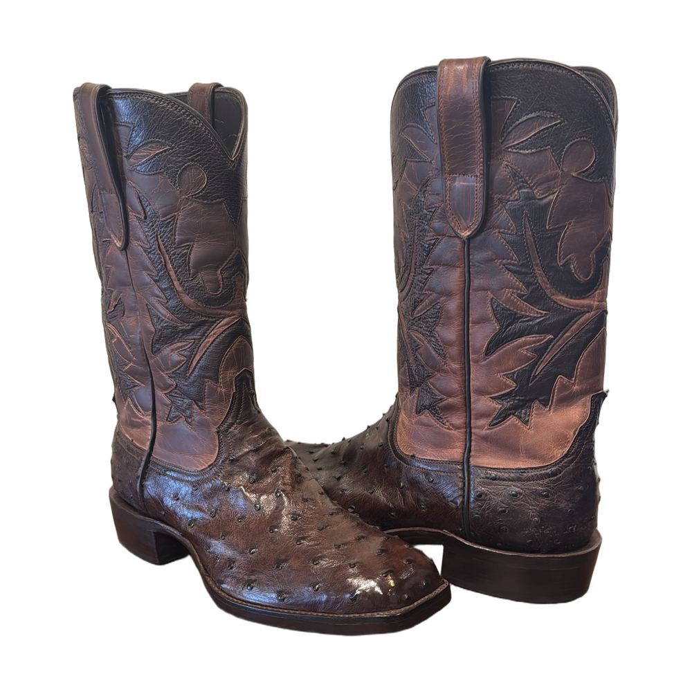 Men's Cowboy 12-2 Nicotine CC FQ Ostrich/Canella Goat Fern Inlay Spur Lip and Heavy Sole