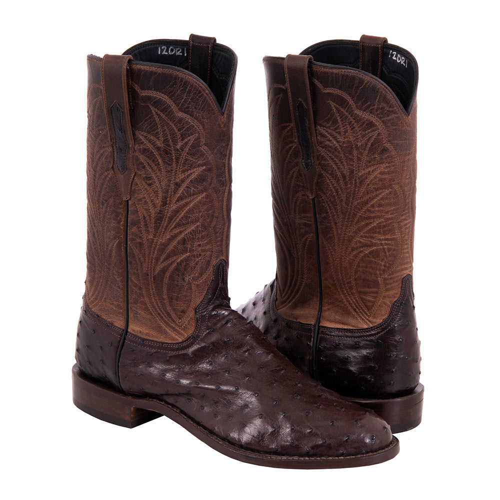 Men's 12" Nicotine Full Quill Ostrich/Canella Goat Roper Boot with Mini Vibram Sole