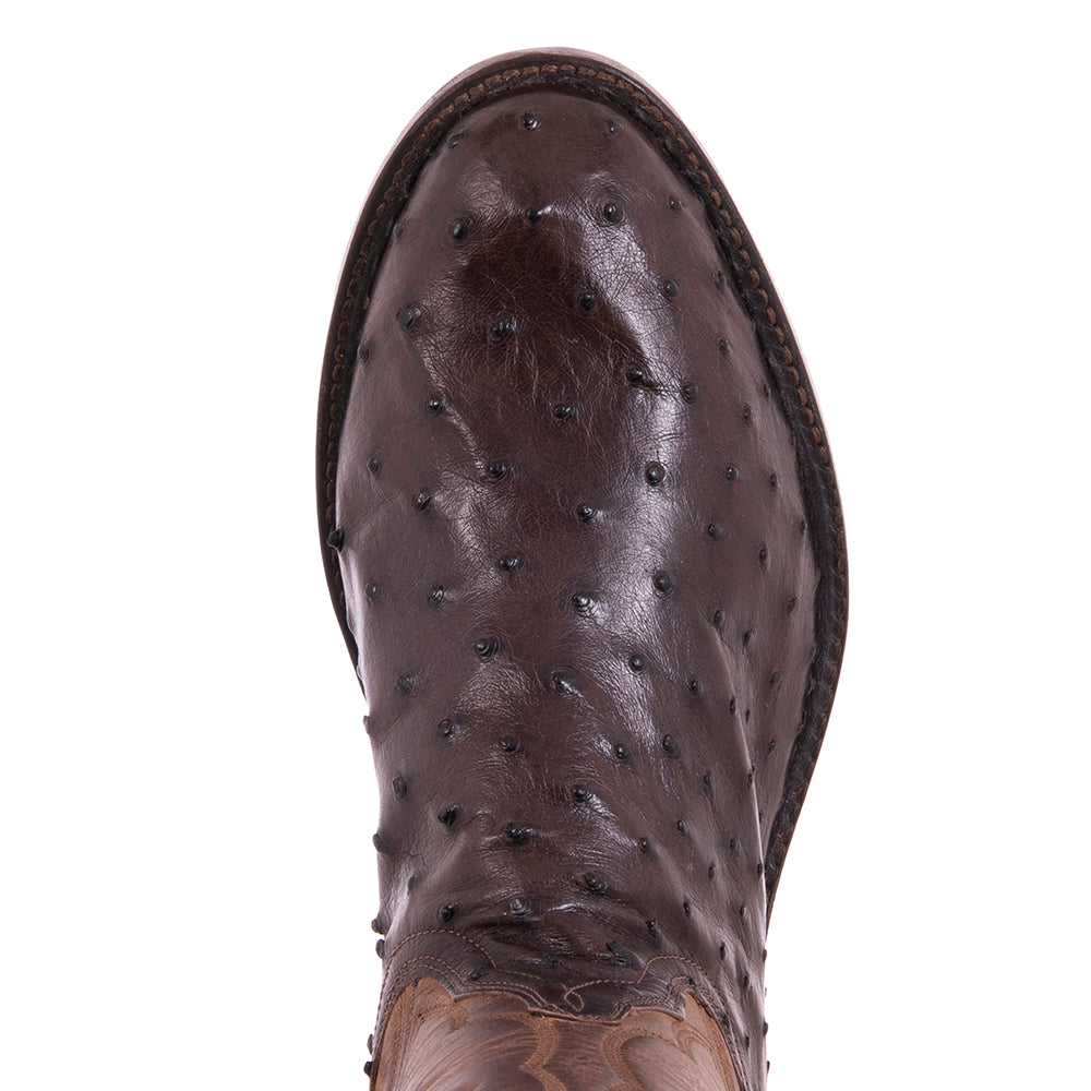Men's 12" Nicotine Full Quill Ostrich/Canella Goat Roper Boot with Mini Vibram Sole