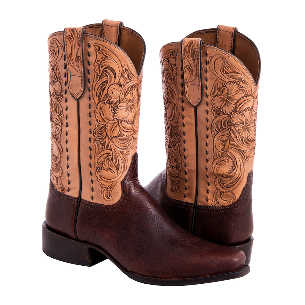 Men's 12" Mocha Bison Antique Tooled Top Cowboy Boot