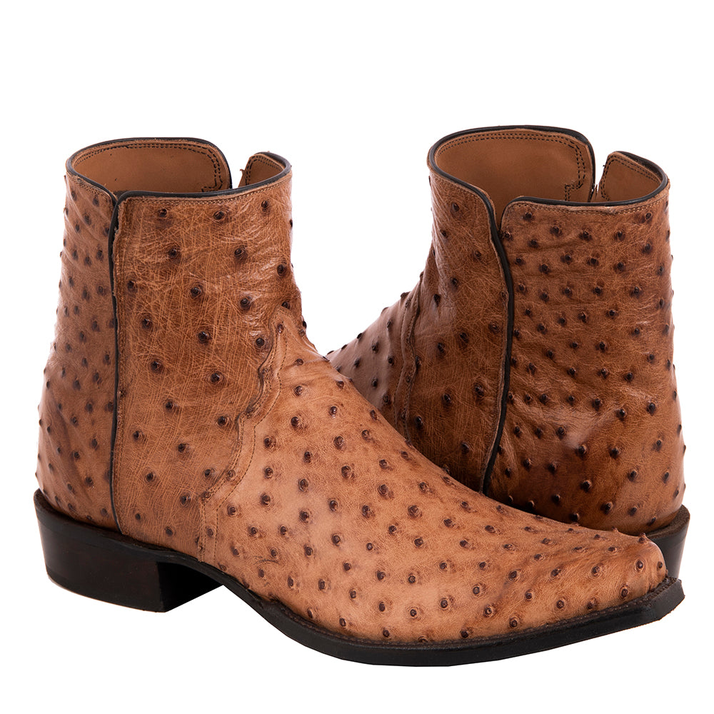 Men's Brandy Full Quill Ostrich Short Boot with Mini Vibram Sole