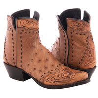 Ladies' Brandy Full Quill Ostrich Tooled Short Boot