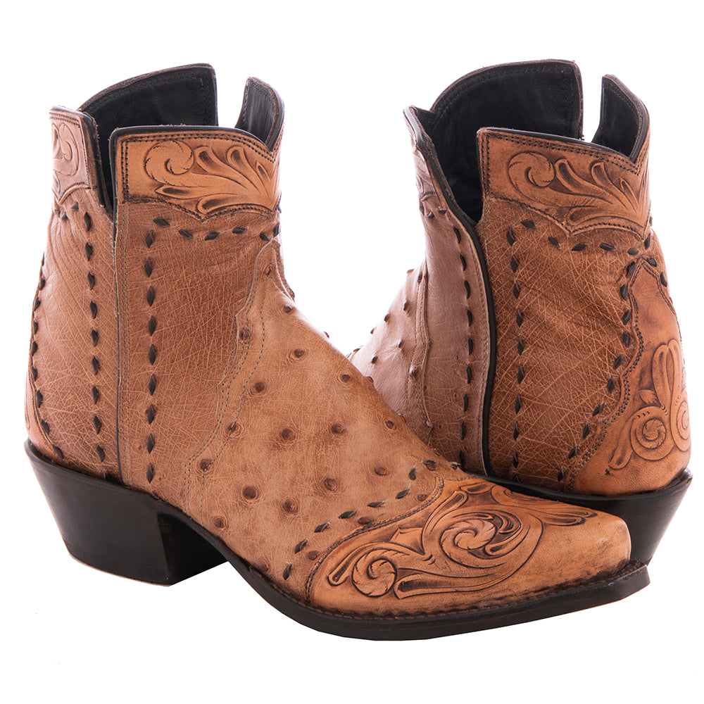 Ladies' Brandy Full Quill Ostrich Tooled Short Boot