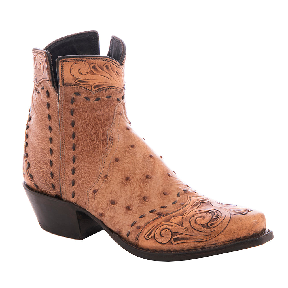 Ladies' Brandy Full Quill Ostrich Tooled Short Boot