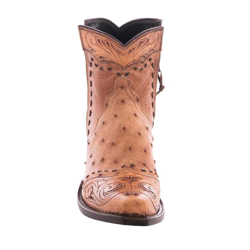 Ladies' Brandy Full Quill Ostrich Tooled Short Boot