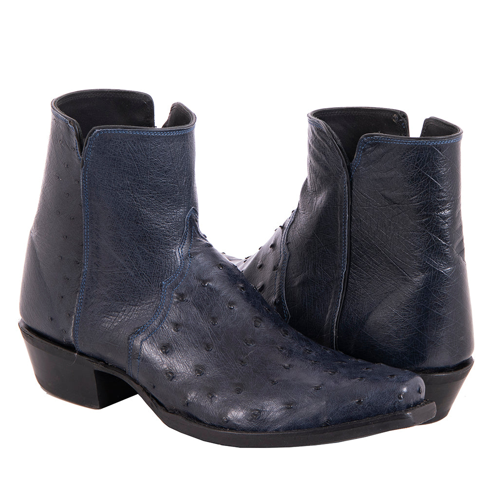 Men's Navy Full Quill Ostrich Short Boot with Mini Vibram Sole