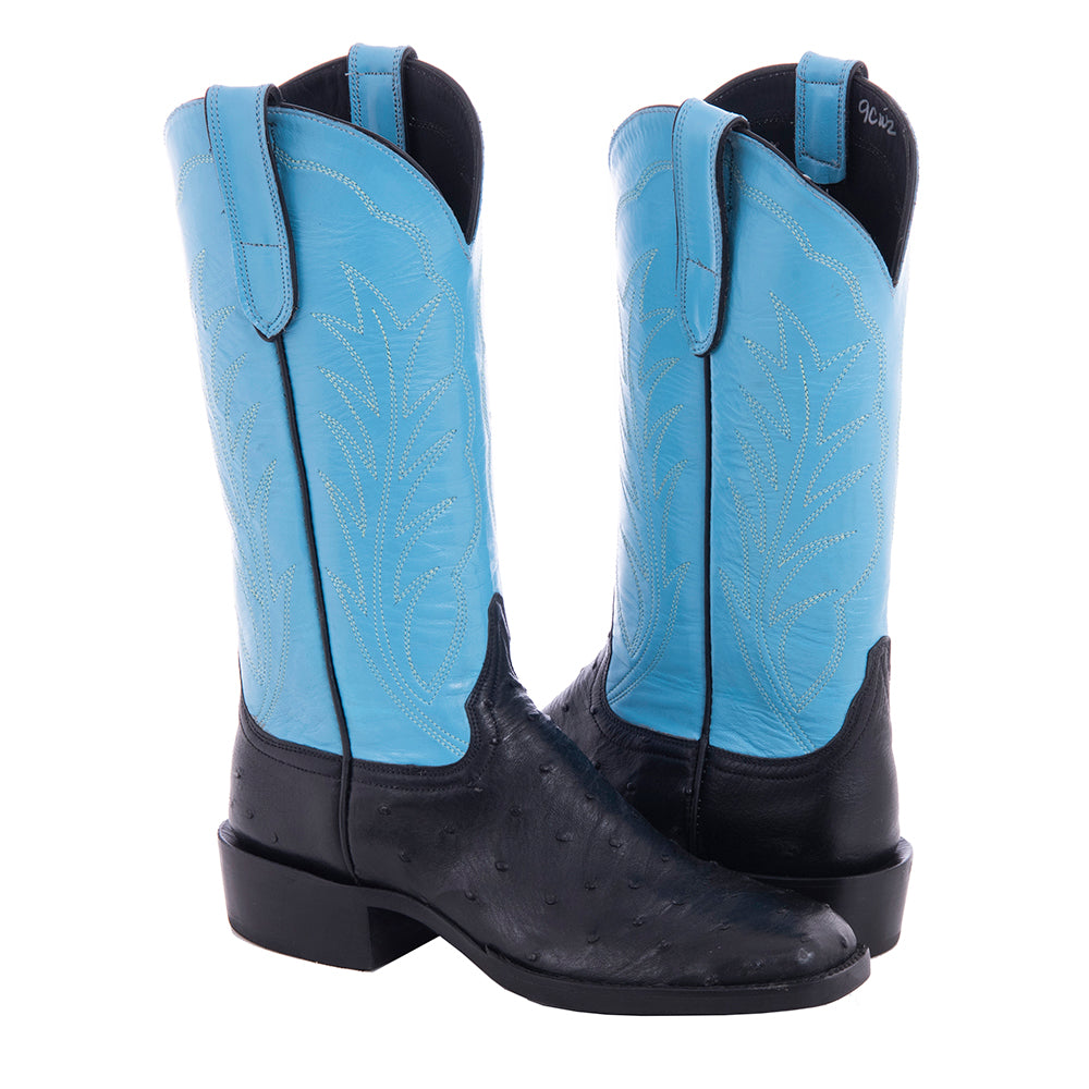 Ladies 13" Black Full Quill Ostrich Blue Winn Cowboy Boot