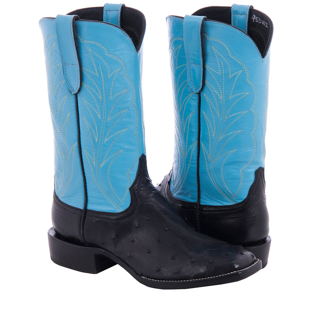 Men's 12" Black Full Quill Ostrich Blue Winn Cowboy Boot
