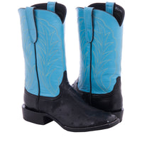 Men's 12" Black Full Quill Ostrich Blue Winn Cowboy Boot