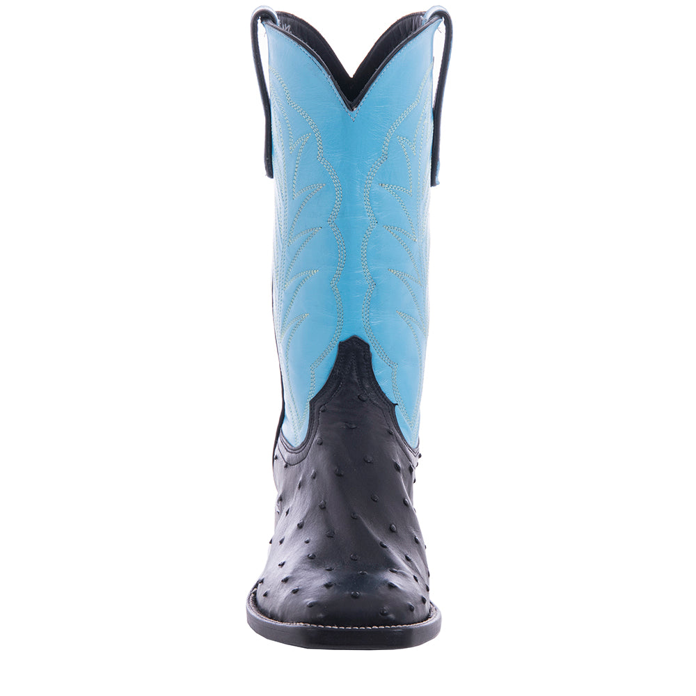 Men's 12" Black Full Quill Ostrich Blue Winn Cowboy Boot