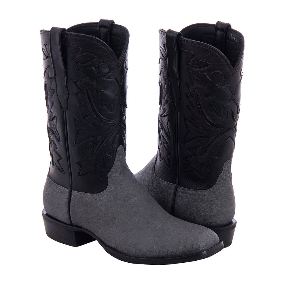 Men's 12" Grey Elephant Black Aniline Chocolate Aniline Fern Inlay with Mini Vibram Sole