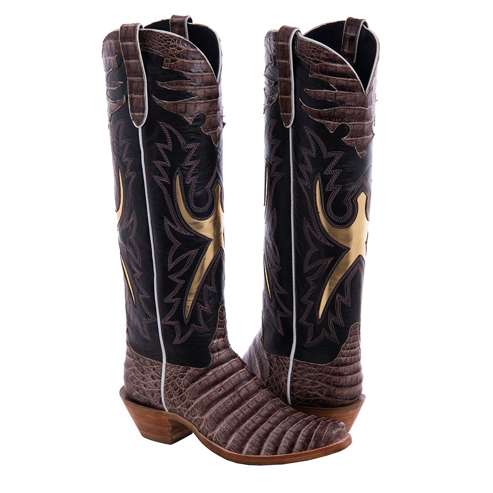 Ladies 16" Natural Caiman Chocolate Kidskin Gold Inlay Cowboy Boot