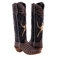 Ladies 16" Natural Caiman Chocolate Kidskin Gold Inlay Cowboy Boot