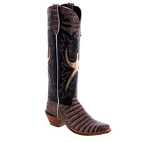 Ladies 16" Natural Caiman Chocolate Kidskin Gold Inlay Cowboy Boot